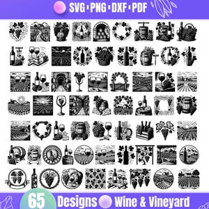 May include: Black and white illustrations of wine and vineyard themes. The image includes 65 designs featuring wine bottles, glasses, barrels, grapes, and vineyard landscapes. Text at the top reads "SVG PNG DXF PDF" and at the bottom "65 Designs Wine & Vineyard".