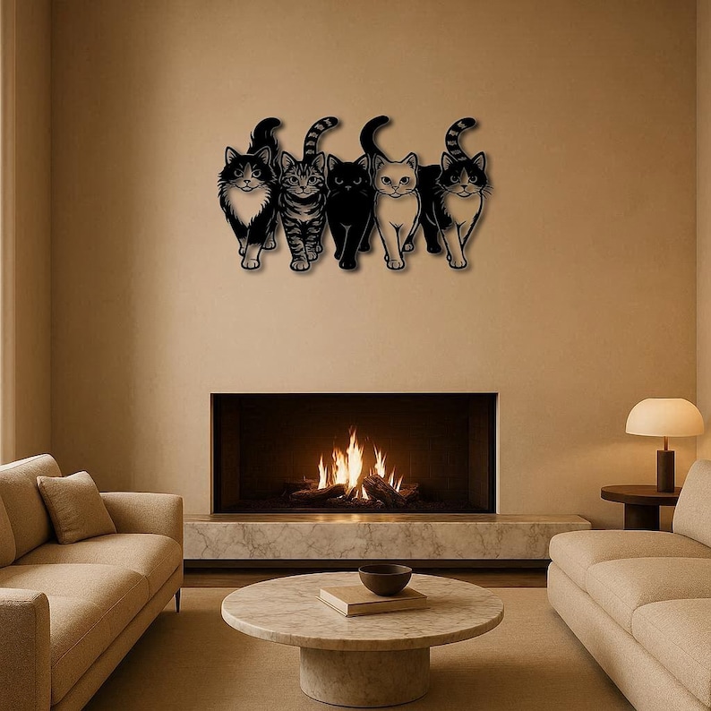 May include: A black metal wall art piece featuring five stylized cat silhouettes. Each cat has a unique pose and pattern, with details like striped tails and fur. The artwork is mounted on a neutral-colored wall above a fireplace.