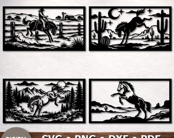 Bucking Horse SVG, Western Rodeo Horse Scenes for Laser Cutting, Wild West Landscape DXF