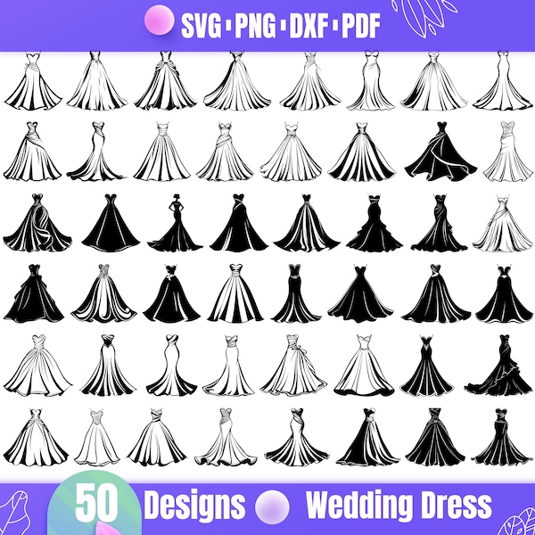 High Quality Wedding Dress SVG Bundle, Wedding Dress dxf, Wedding Dress png, Wedding Dress vector, Wedding Dress clipart, Dress Illustration