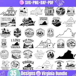 May include: A collection of 35 Virginia-themed designs in SVG, PNG, DXF, and PDF formats. The designs include various illustrations and text elements such as "Virginia is for Lovers," "Blue Ridge," and "Virginia Native."