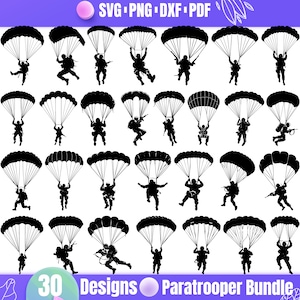 Puede incluir: Un conjunto de 30 diseños de paracaidistas negros en varias poses, cada uno con un paracaídas. La imagen incluye el texto "SVG PNG DXF PDF" en la parte superior y "30 Designs Paratrooper Bundle" en la parte inferior.