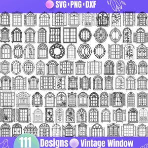 Puede incluir: Una colección de 111 diseños de ventanas vintage en blanco y negro. Los diseños son intrincados y detallados, con una variedad de estilos, que incluyen ventanas arqueadas, rectangulares y redondas. Estos diseños serían perfectos para usar en scrapbooking, creación de tarjetas u otros proyectos de manualidades.