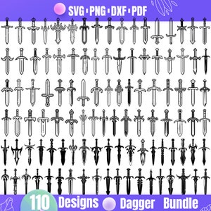 May include: A collection of 110 black and white dagger designs. The daggers are various shapes and sizes.  110 Designs Dagger Bundle.