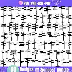 80種類のデザイン 標識 SVG バンドル | ヴィンテージ方向標識 | 道路標識 | 素朴な木製標識のシルエット | Cricut カットファイル | すぐにダウンロード