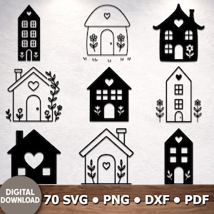 May include: A collection of nine house-shaped designs in black and white. Each house features unique details like hearts, flowers, and varying window and door styles. The phrase "DIGITAL DOWNLOAD" and file type options are at the bottom.
