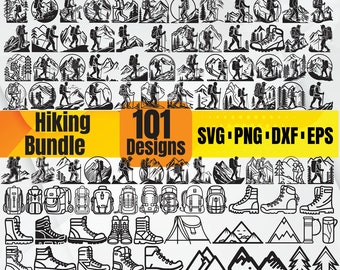 Hiking SVG Bundle, Adventure Mountain Silhouette, Hiker Clipart, Camping Gear, Hiking Boots & Backpack Cut Files for Cricut