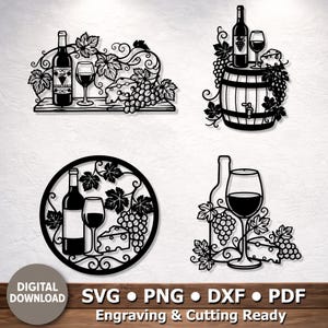 May include: A set of four black laser-cut designs featuring wine bottles, glasses, grapes, and cheese. The collection includes rectangular, circular, and free-form silhouettes with intricate vine motifs, suitable for digital cutting and engraving projects.