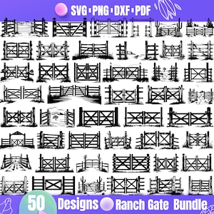 May include: A set of 50 black and white ranch gate designs. The gates are various styles, including single gates, double gates, and gates with different types of fencing. The designs are perfect for use in crafting projects, such as cutting, etching, or engraving.