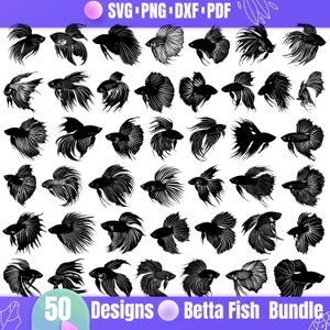 Pode incluir: Uma coleção de 50 designs de peixes Betta em preto e branco, em várias poses. A imagem inclui o texto "SVG PNG DXF PDF" e "50 Designs Betta Fish Bundle", indicando arquivos digitais.