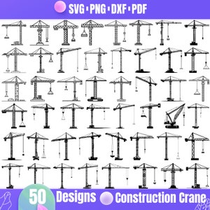 May include: A set of 50 black and white construction crane illustrations. The cranes are in various positions and configurations. The text "50 Designs Construction Crane" is at the bottom of the image.