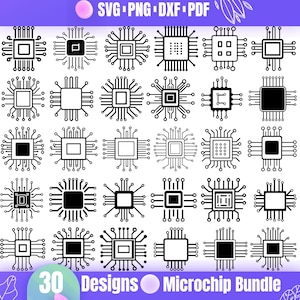May include: A set of 30 black and white microchip designs. The designs are in a grid format and feature different variations of the microchip.