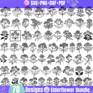 May include: A set of 70 black and white elderflower designs. The designs are in a variety of styles, including simple outlines, detailed illustrations, and stylized versions. The designs are perfect for use in crafting, scrapbooking, and other creative projects.