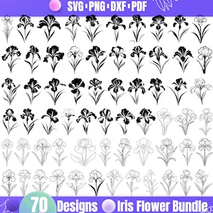 Puede incluir: Un conjunto de 70 diseños de flores de iris en blanco y negro. Los diseños son de varios estilos, incluyendo contornos simples e ilustraciones más detalladas. Los diseños son perfectos para usar en manualidades, scrapbooking y otros proyectos creativos.