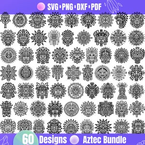 May include: A set of 60 black and white Aztec-inspired designs. The designs feature geometric patterns, stylized faces, and other motifs. The designs are perfect for use in crafts, home decor, and more.