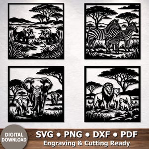 May include: Four black laser-cut wall art panels depicting African wildlife. The panels show hippos, zebras, elephants, and lions in their habitats. The bottom panel includes the text "DIGITAL DOWNLOAD" and file type options.
