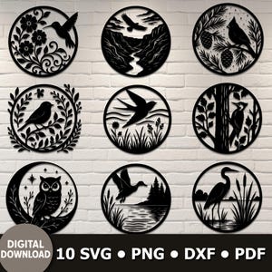 May include: A collection of ten black circular wall art pieces featuring various nature scenes. Designs include birds, landscapes, and floral elements. The text "DIGITAL DOWNLOAD" and file type options are displayed at the bottom.