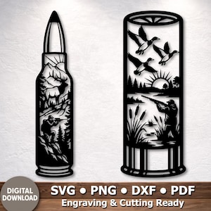 May include: Two black laser-cut metal designs featuring outdoor scenes. The left design is a bullet shape with an elk and a hunter. The right design is a shotgun shell shape with flying ducks, a hunter, and a sunrise. Text reads: DIGITAL DOWNLOAD SVG PNG DXF PDF.