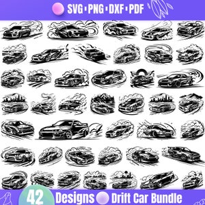 Puede incluir: Un conjunto de 42 ilustraciones vectoriales en blanco y negro de coches de deriva. Cada coche se muestra en una pose dinámica con estelas de humo detrás. Las ilustraciones son perfectas para usar en diseños, impresiones y otros proyectos creativos.