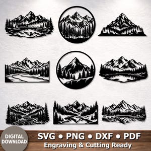 Könnte beinhalten: Eine Sammlung schwarzer Berg- und Waldsilhouetten-Designs. Die Designs zeigen verschiedene Bergketten, Bäume und Wasserelemente. Der Text "DIGITALER DOWNLOAD" und Dateitypoptionen sind ebenfalls vorhanden.