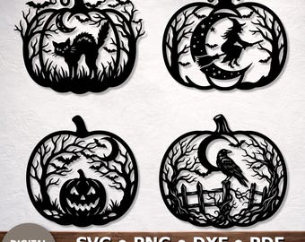 May include: Four black silhouette designs featuring Halloween themes including a cat, a witch on a broomstick, a jack-o'-lantern, and a raven, all framed within pumpkin shapes with trees, moons, and bats. Text reads: DIGITAL DOWNLOAD SVG PNG DXF PDF.