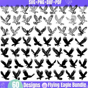 May include: A set of 60 black and white flying eagle silhouette designs. The eagles are in various poses with wings spread and in flight. The designs are perfect for crafting, scrapbooking, and other creative projects.