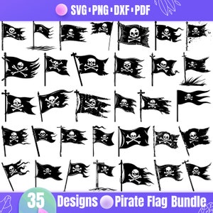 Puede incluir: Un conjunto de 35 diseños de banderas piratas en blanco y negro. Las banderas presentan una calavera y huesos cruzados, con varios estilos y diseños. Las banderas son perfectas para usar en manualidades, scrapbooking y otros proyectos creativos.