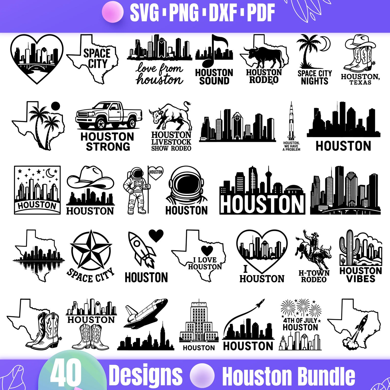 Houston SVG Bundle | 40 Space City Clipart Designs | Texas Skyline ...