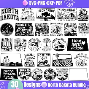 May include: A collection of 30 North Dakota-themed designs in SVG, PNG, DXF, and PDF formats. The black and white designs feature bison, landscapes, and text such as "North Dakota," "Bison Spirit," and "Land of the Freezing Brave."