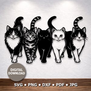 Archivo de corte de silueta de gatos caminando, SVG de cinco gatos, descarga digital de arte mural de gatos para láser, CNC, Cricut y Glowforge