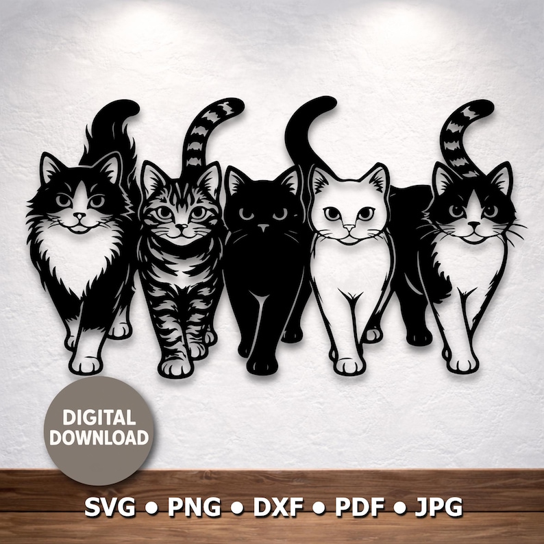 May include: A decorative wall art piece featuring five stylized cat silhouettes in black and white. The cats are depicted in various poses, with their tails arched. The words "DIGITAL DOWNLOAD" and file type icons are also present.