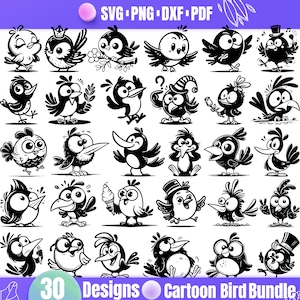 Paquete de 30 SVG de pájaros de dibujos animados, imágenes prediseñadas de pájaros divertidos, vector de pájaro en blanco y negro, ilustración digital de pájaro, pájaro para Cricut