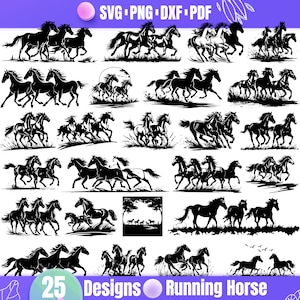 Puede incluir: Un conjunto de 25 diseños de silueta en blanco y negro de caballos corriendo. Los diseños son perfectos para proyectos de manualidades, como cortar, grabar o imprimir.