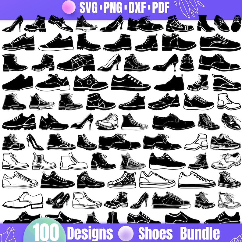 May include: A collection of 100 black and white shoe designs. The shoes are all different styles, including sneakers, boots, sandals, and heels.  100 Designs Shoes Bundle