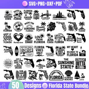 Florida SVG Bundle with 50 Summer and Beach Designs for Cricut and Silhouette, Sunshine State Map Cut Files, Vacation and Ocean Vibes