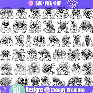 Puede incluir: Un conjunto de 50 ilustraciones en blanco y negro de criaturas espeluznantes. Las criaturas están dibujadas en una variedad de estilos, desde simples hasta detalladas. Incluyen monstruos, demonios y otras figuras espeluznantes.  50 Designs Creepy Creature.