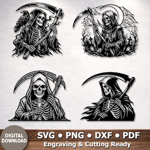 May include: A set of four black and white digital illustrations featuring the Grim Reaper holding a scythe. One design includes a raven, another shows a graveyard with a crescent moon. The text reads Digital Download, SVG, PNG, DXF, PDF.