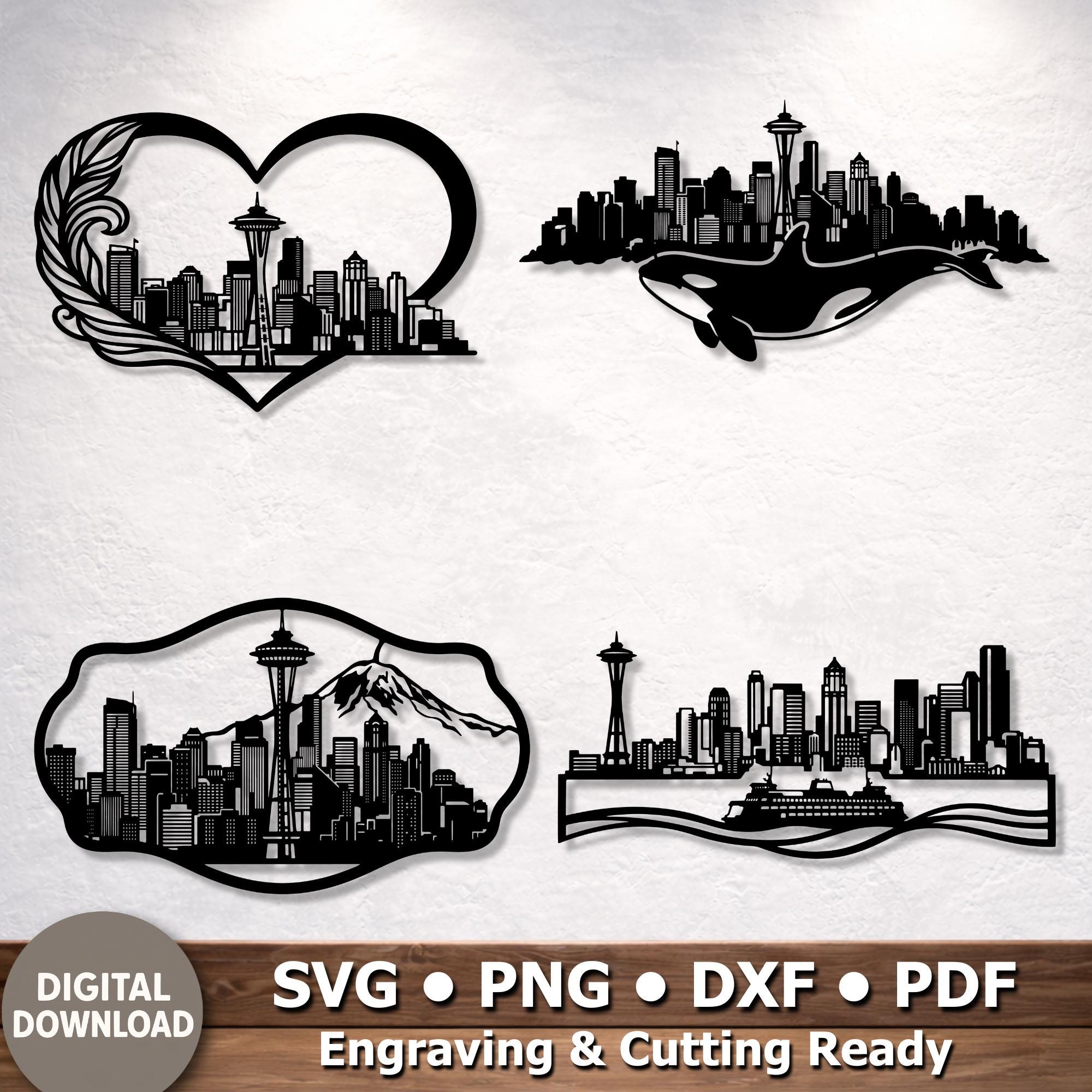 Seattle Skyline SVG Bundle, Space Needle City Wall Art Laser Cut File ...