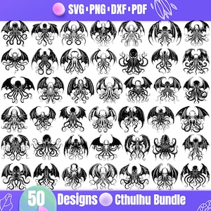 Könnte beinhalten: Ein Set mit 50 Cthulhu-Designs in Schwarzweiß. Die Designs zeigen eine Vielzahl von Cthulhu-Kreaturen mit Tentakeln und Flügeln. Die Designs sind perfekt für die Verwendung in Bastelarbeiten, Scrapbooking und anderen kreativen Projekten.