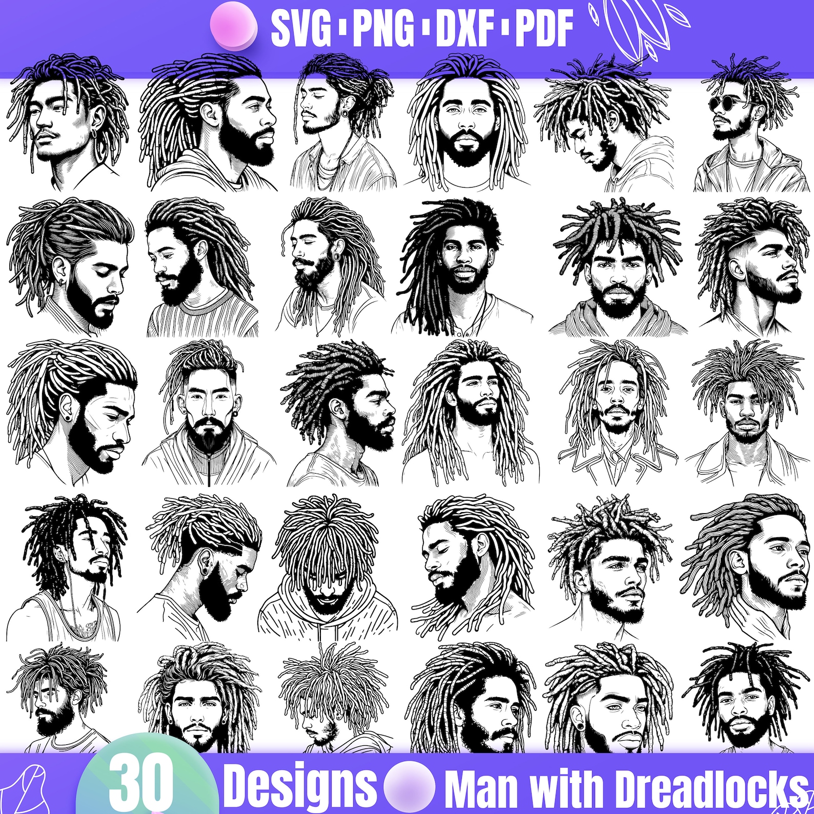 30 Man With Dreadlocks Bundle SVG, Dreadlock Hairstyle Clipart, Male ...