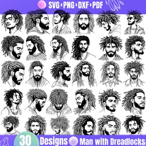 以下が含まれることがあります： ドレッドヘアの男性の白黒イラスト30点。イラストは様々なポーズとスタイルで描かれています。