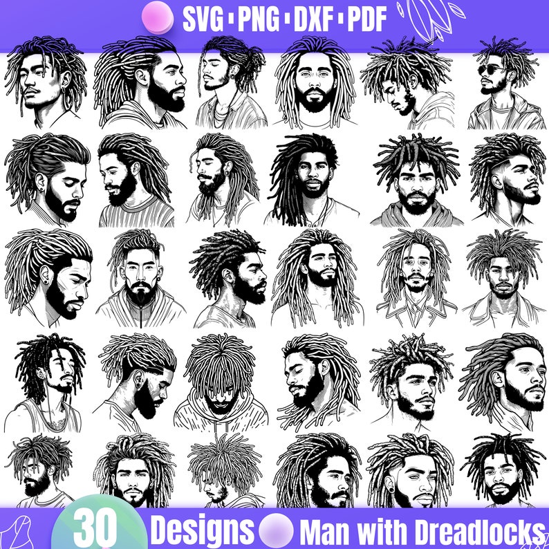 30 Man With Dreadlocks Bundle SVG, Dreadlock Hairstyle Clipart, Male ...