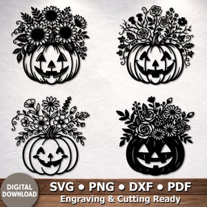 May include: Four black silhouette designs of jack-o'-lanterns topped with various floral arrangements including sunflowers, roses, and daisies. The text at the bottom reads: DIGITAL DOWNLOAD SVG PNG DXF PDF Engraving & Cutting Ready.