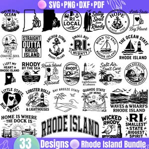 Puede incluir: Una colección de 33 diseños en blanco y negro con temática de Rhode Island, que incluyen elementos náuticos, contornos estatales y frases como "Rhode Island" y "Coastal Soul". Los diseños son adecuados para formatos SVG, PNG, DXF y PDF.