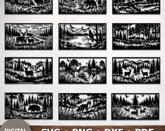Wildlife Forest Scene Panels SVG DXF, Railing Designs with Deer, Elk, Wolf, Fox, Eagle, Boar, Fish and Ducks, CNC Laser, Plasma, Glowforge