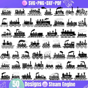 May include: A set of 50 black and white silhouette designs of vintage steam engines. The designs are ideal for crafting projects, scrapbooking, and digital design.