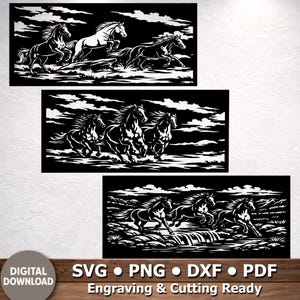 Puede incluir: Tres paneles en blanco y negro con caballos corriendo. El panel superior muestra tres caballos, uno saltando. El panel central muestra cuatro caballos. El panel inferior muestra cuatro caballos corriendo por el agua. También está presente el texto "DIGITAL DOWNLOAD" y "SVG • PNG • DXF • PDF Engraving & Cutting Ready".