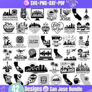 May include: A collection of 42 black and white San Jose-themed designs, including cityscapes, palm trees, and text such as "Silicon Valley" and "California Innovation Hub." The designs are available in SVG, PNG, DXF, and PDF formats.