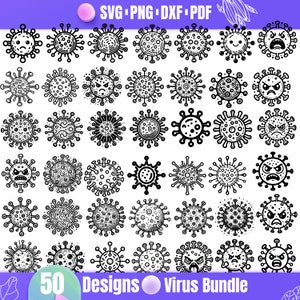 Könnte beinhalten: Eine Sammlung von 50 schwarz-weißen Virusdesigns in verschiedenen Stilen. Die Designs zeigen unterschiedliche Gesichtsausdrücke und Muster. Der Text oben lautet "SVG PNG DXF PDF" und unten "50 Designs Virus Bundle."