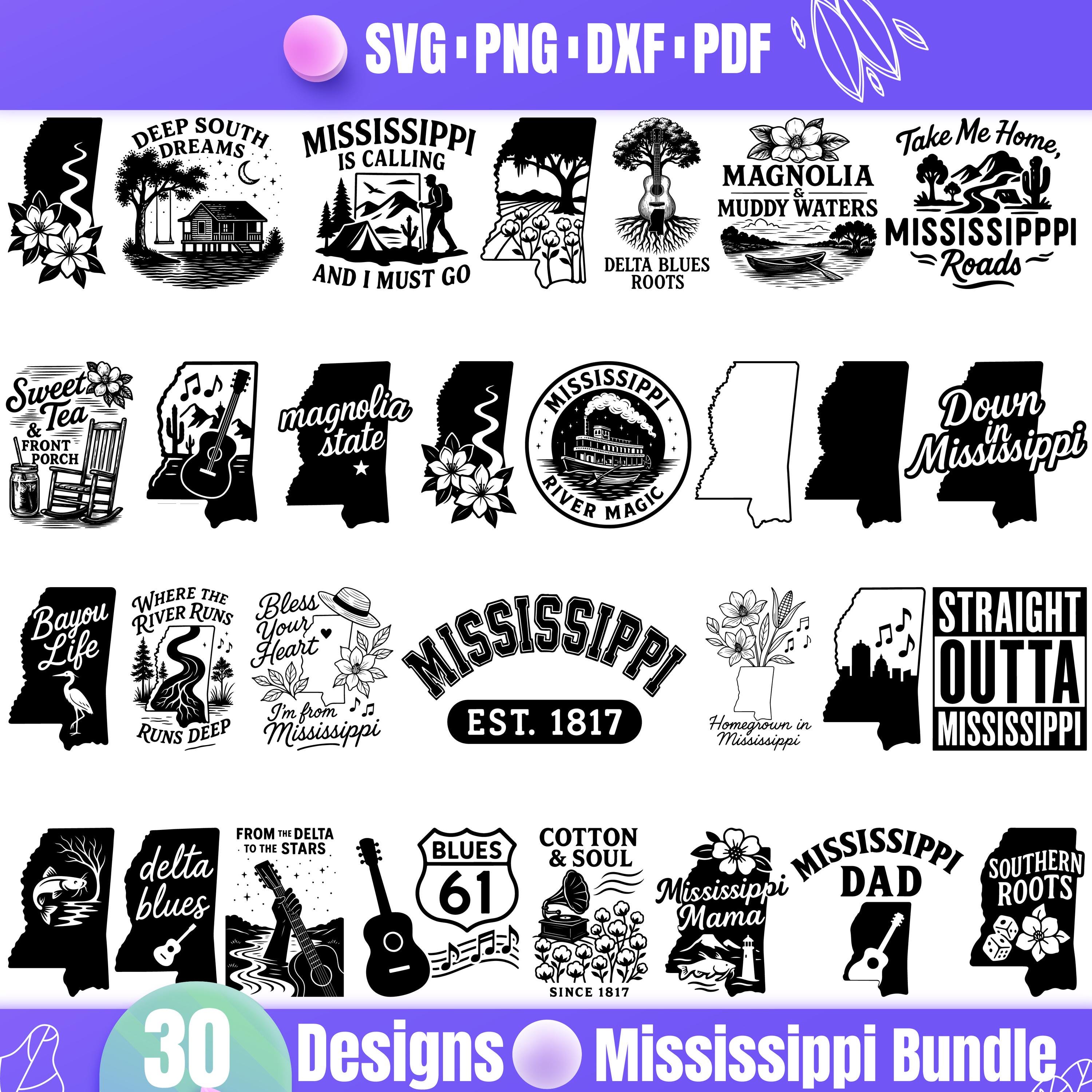Mississippi SVG Bundle | 30 Mississippi State Designs | Bayou | Blues 61 | Magnolia State, Delta Blues, Cotton & Soul, Cricut Cut Files